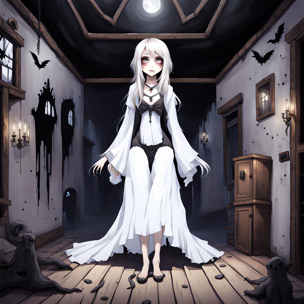 Ethereal Ghost Girl in Haunted House