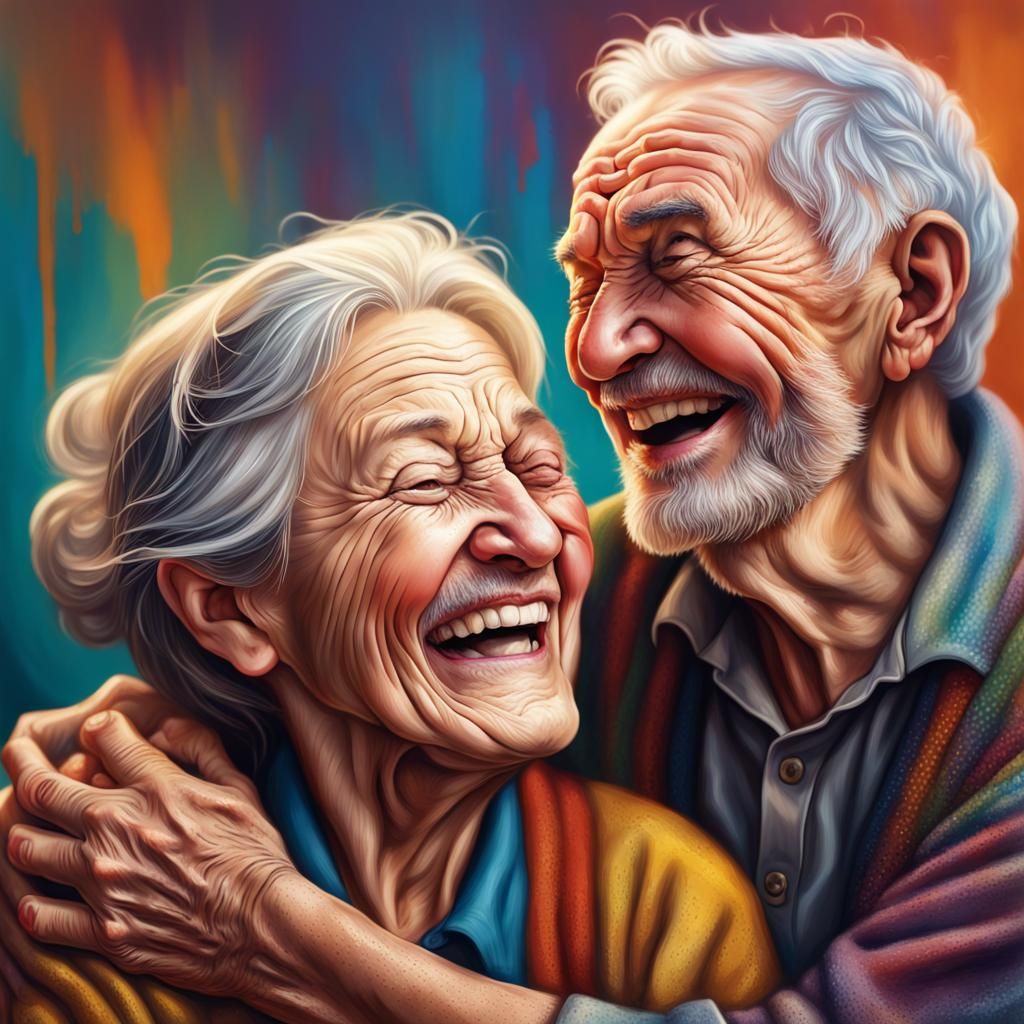Happy Elderly Couple Laughing: Hyperrealistic Splash Art