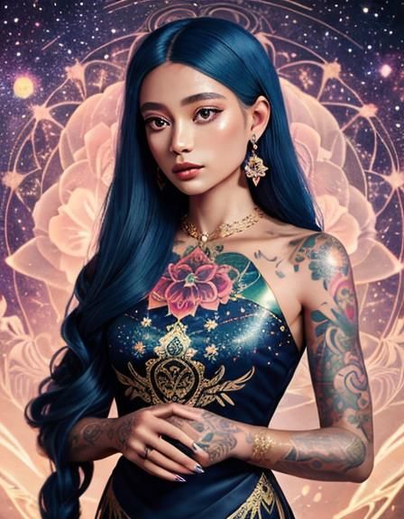 Tattooed Woman in Elegant Dress, Astral Illustration