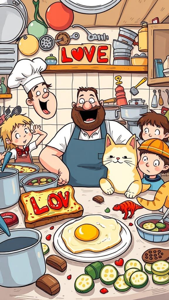 Cartoon Dad's Chaotic Kitchen Breakfast Scene