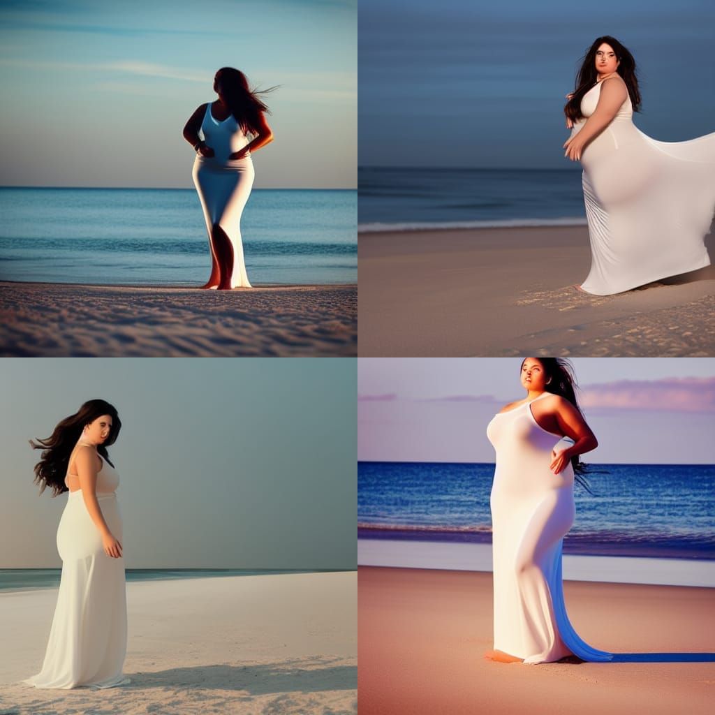 Woman in White Gown on Golden Beach