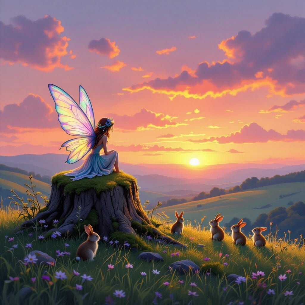 Enchanting Fairy Watches Sunset Over Rolling Hills
