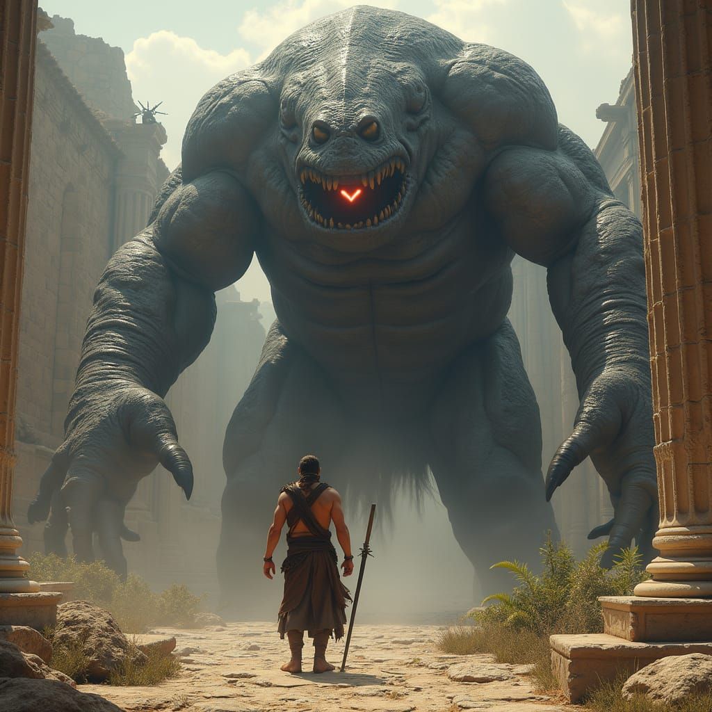 Cyclops Pursues Man in Ancient Greece, Hyperrealistic Art