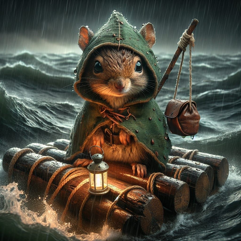 Squirrel on Raft Navigating Stormy Sea