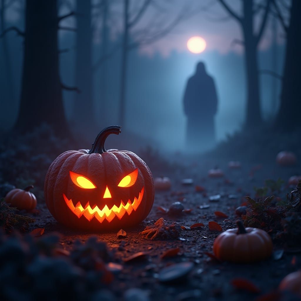 Mystical Halloween Scene with Carved Pumpkin in Matte Painti...