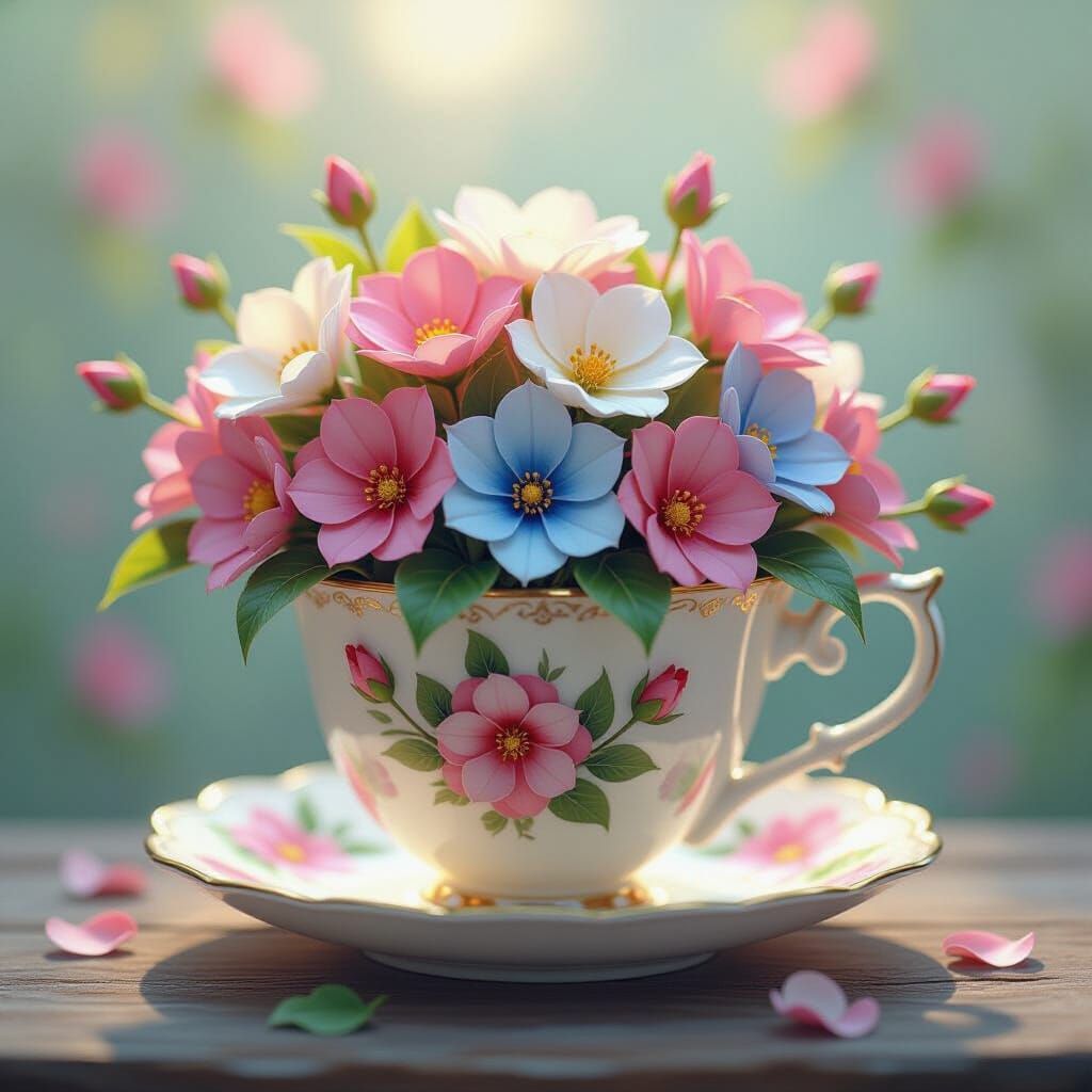 Whimsical Teacup Overflowing with Painterly Flowers