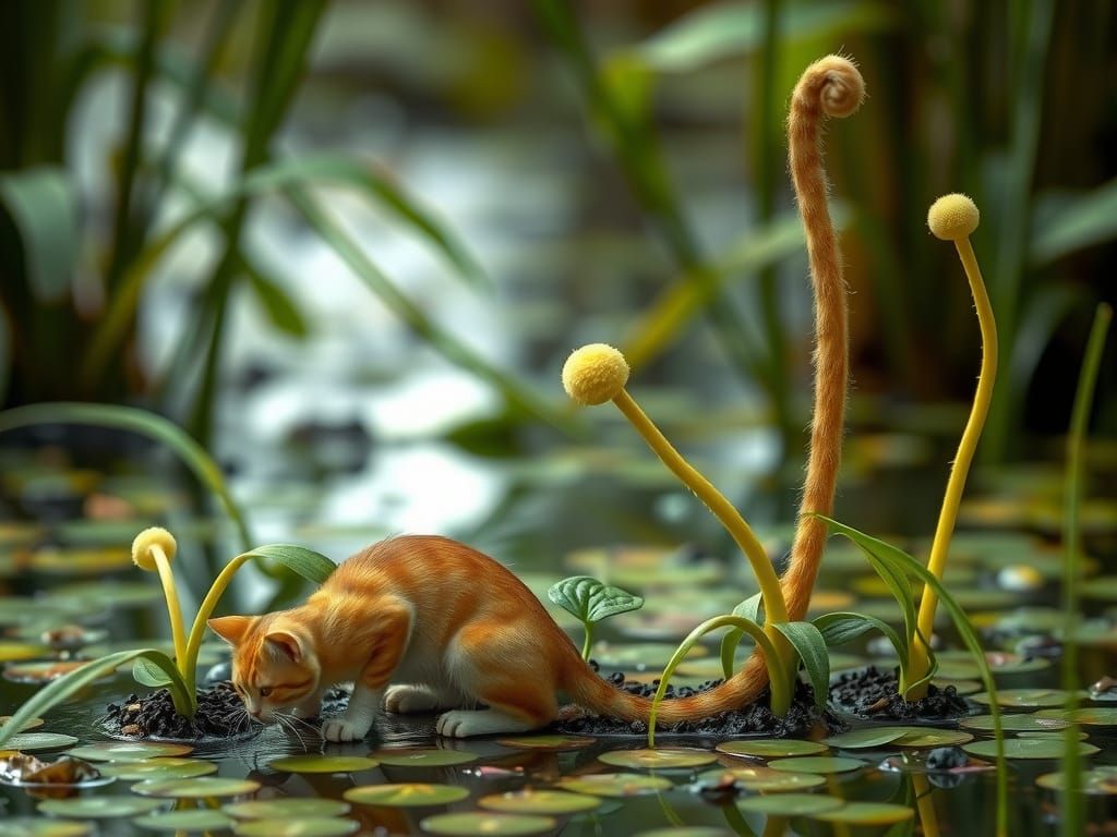 Whimsical Feline Plants Emerge from Swampy Ground
