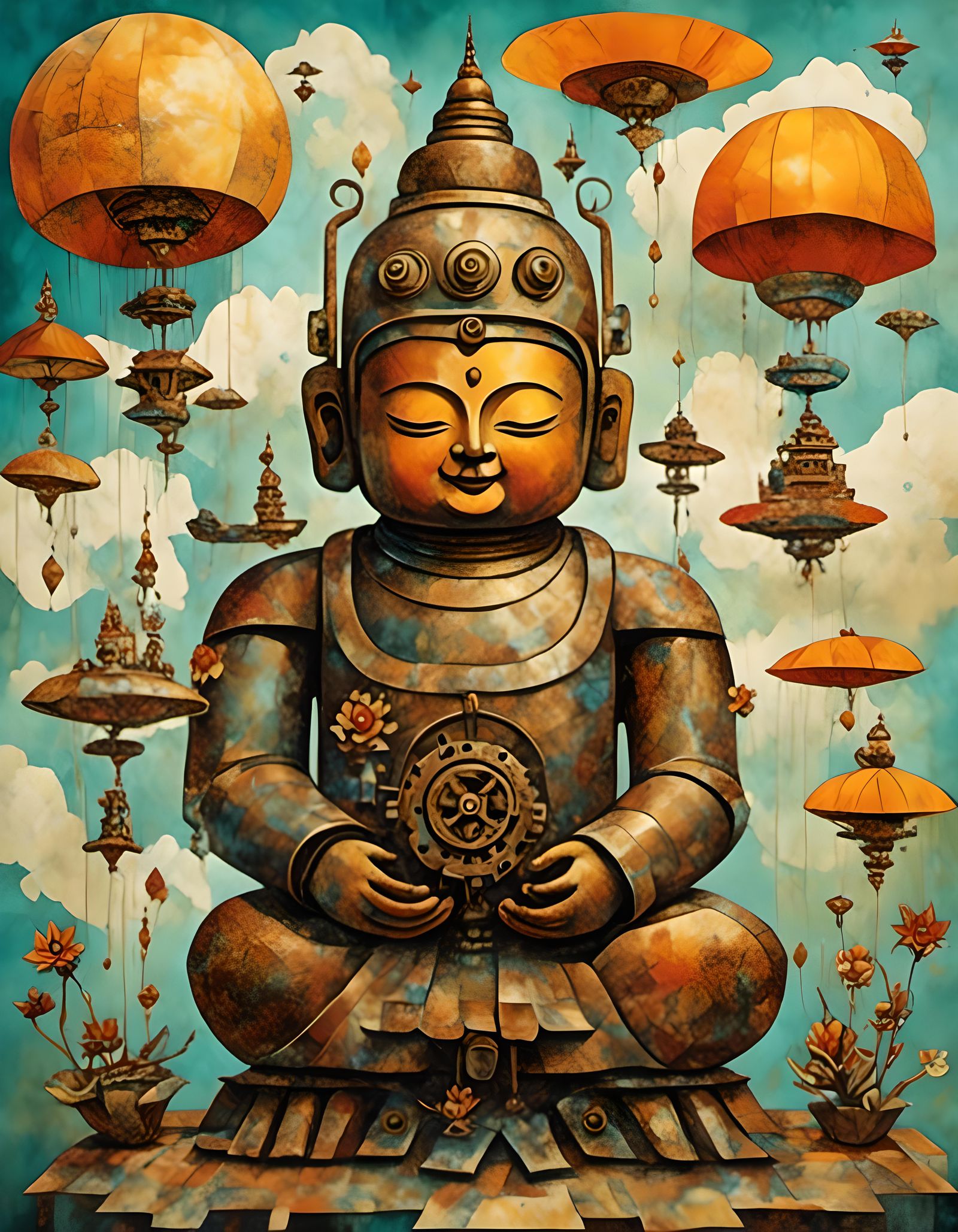 Steampunk Buddha Robot Flies Through Surreal Sky