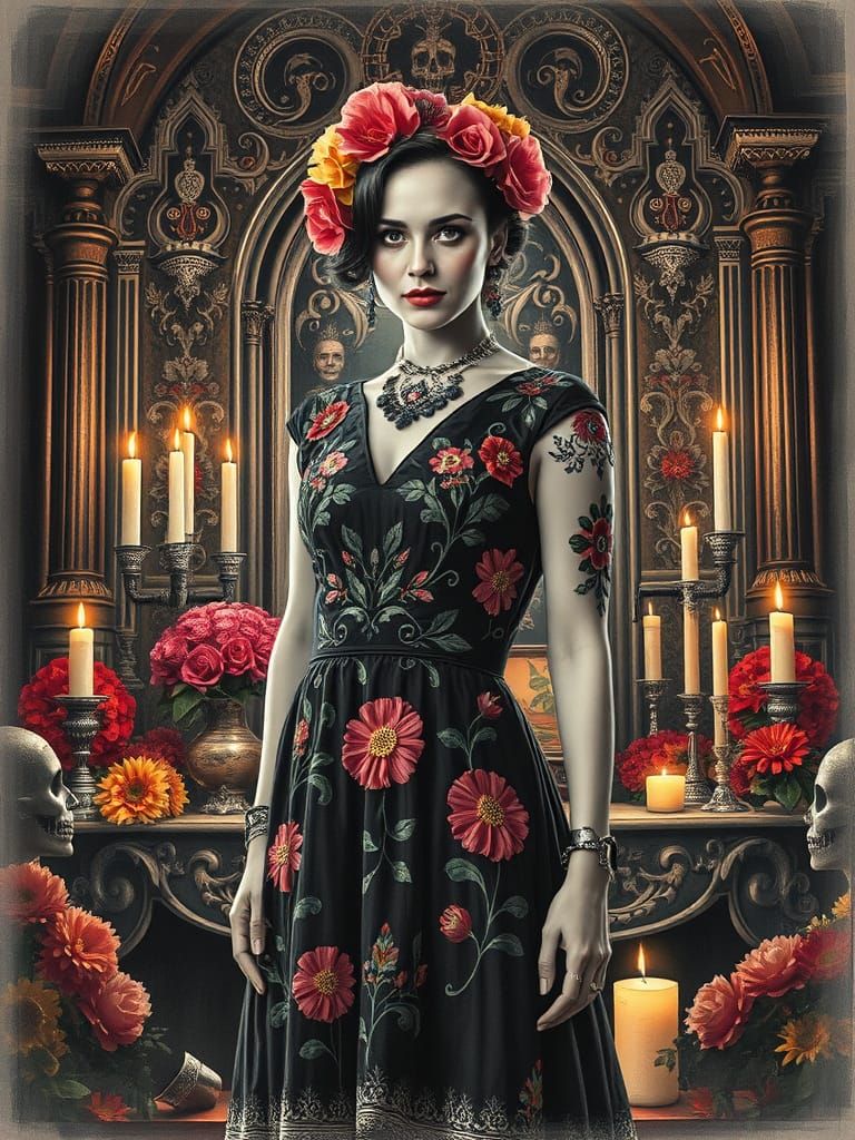 Natalie Portman Sugar Skull Charcoal Drawing