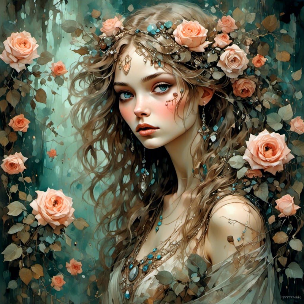 Rose Sprite Dancing in Mystical Forest, Digital Painting