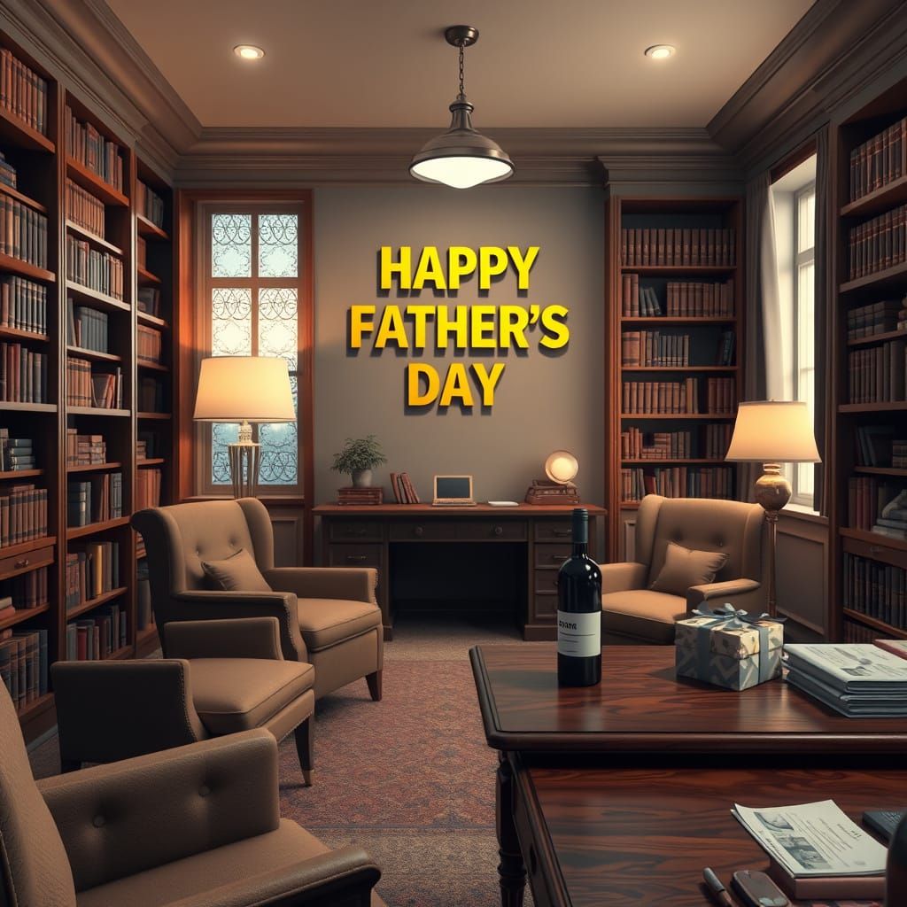 Cozy Father's Day Office Library in 3D Render Style