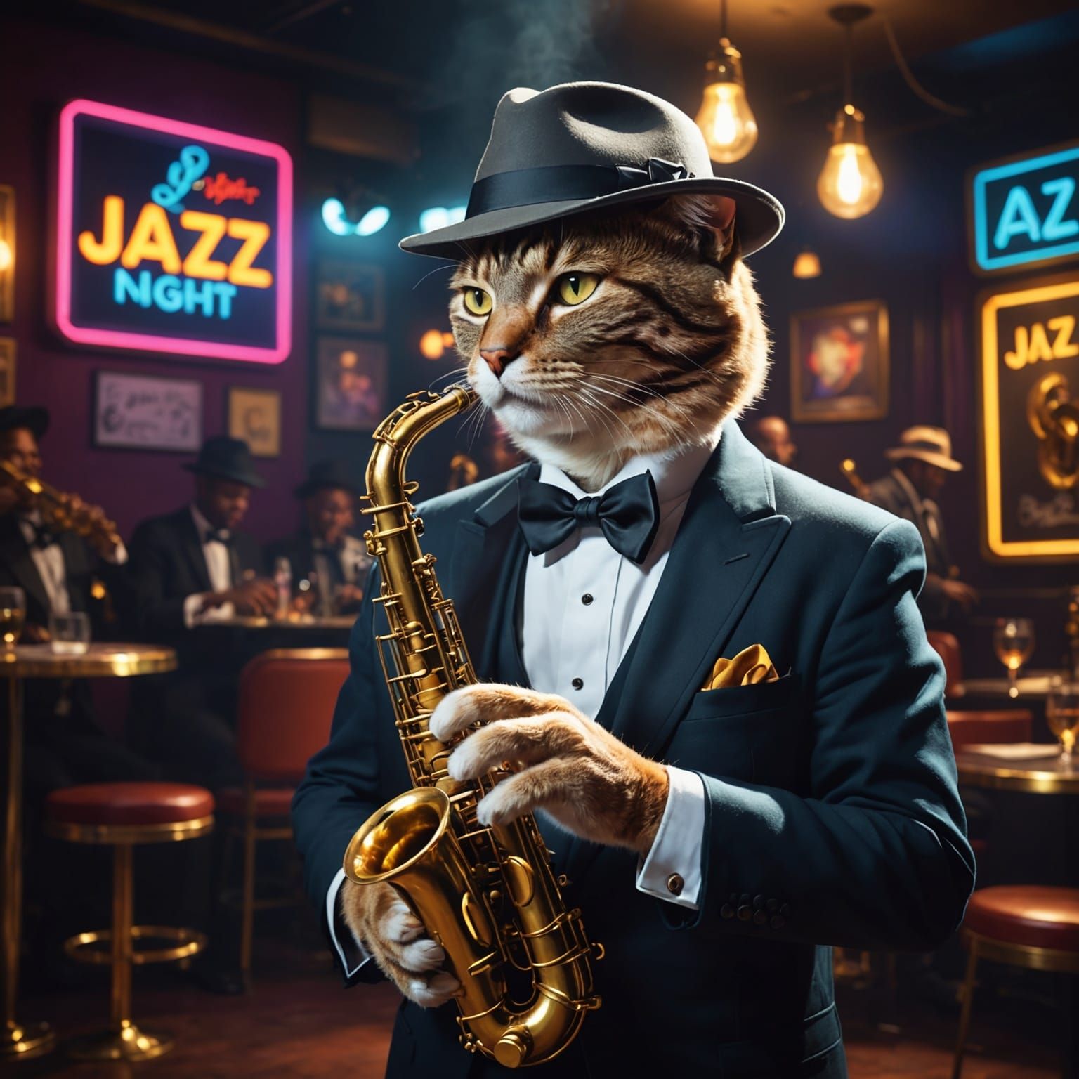 A sophisticated cat wearing a stylish fedora and bow tie …