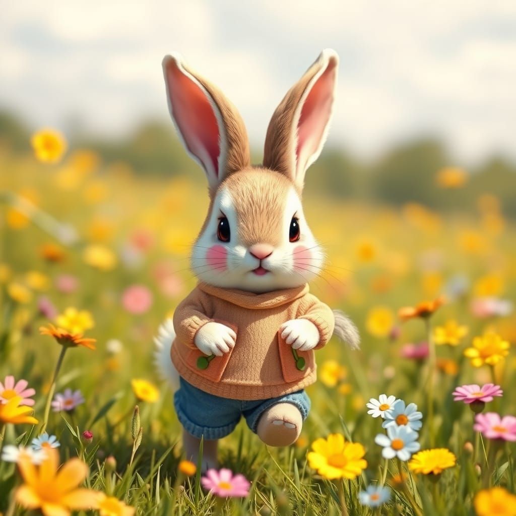 Whimsical Bunny Hopping in Sunny Meadow Illustration