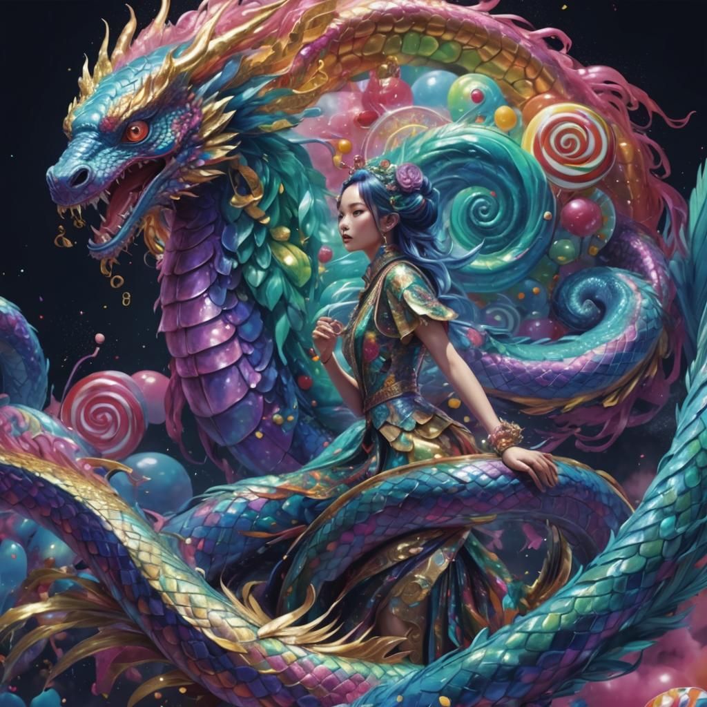 Rainbow Dragon Serpent Woman in Candy Land