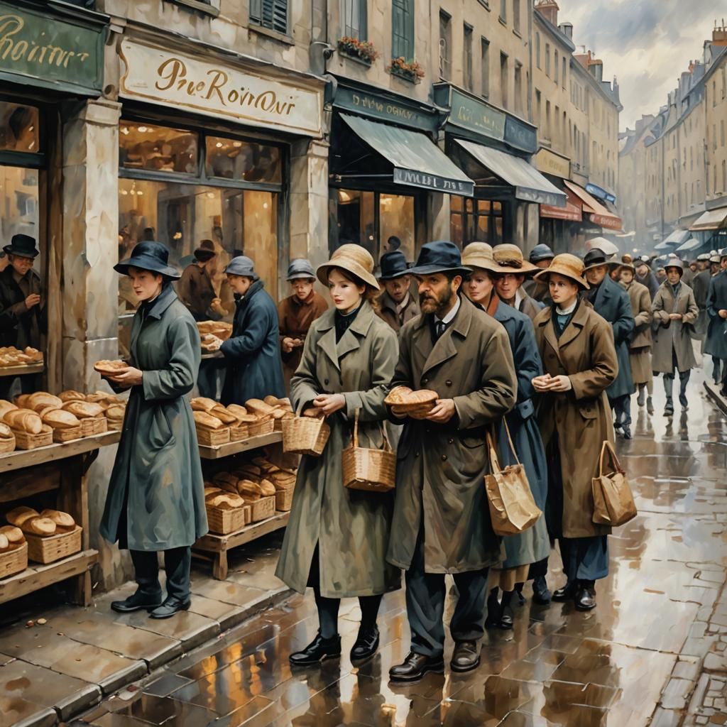 Impressionist Street Scene: Breadline on a Rainy Day