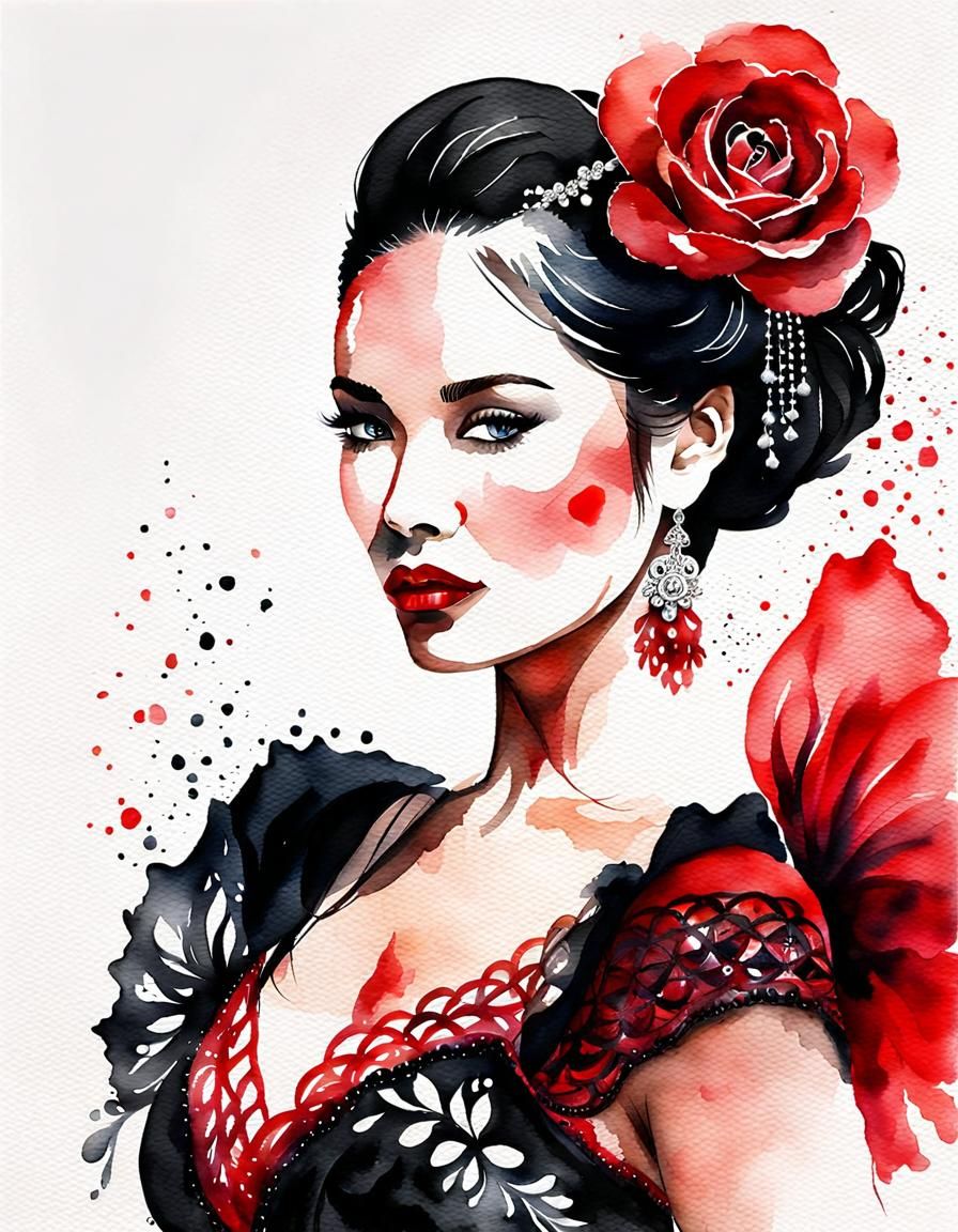 Flamenco Dancer Portrait in Watercolor Style