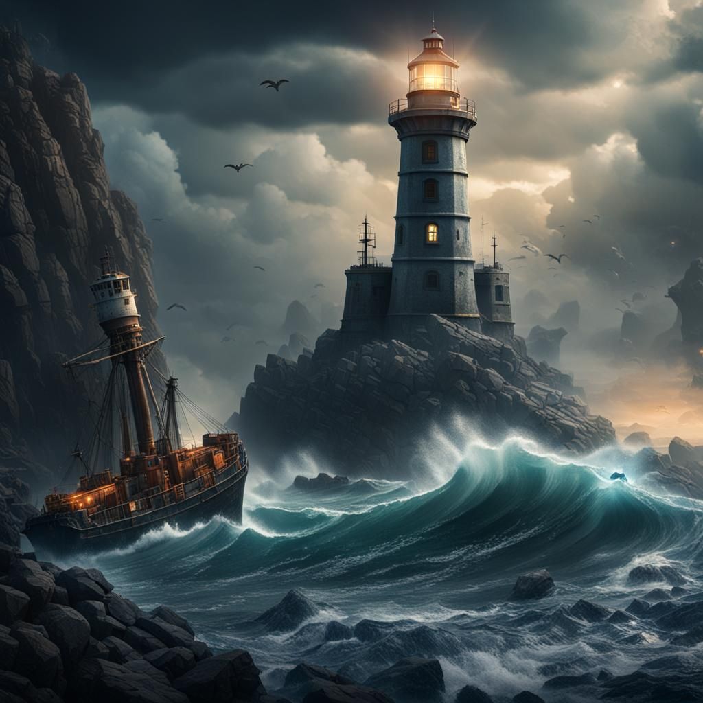 Haunted Lighthouse Wrecks Ships: Hyperrealistic Fantasy Art