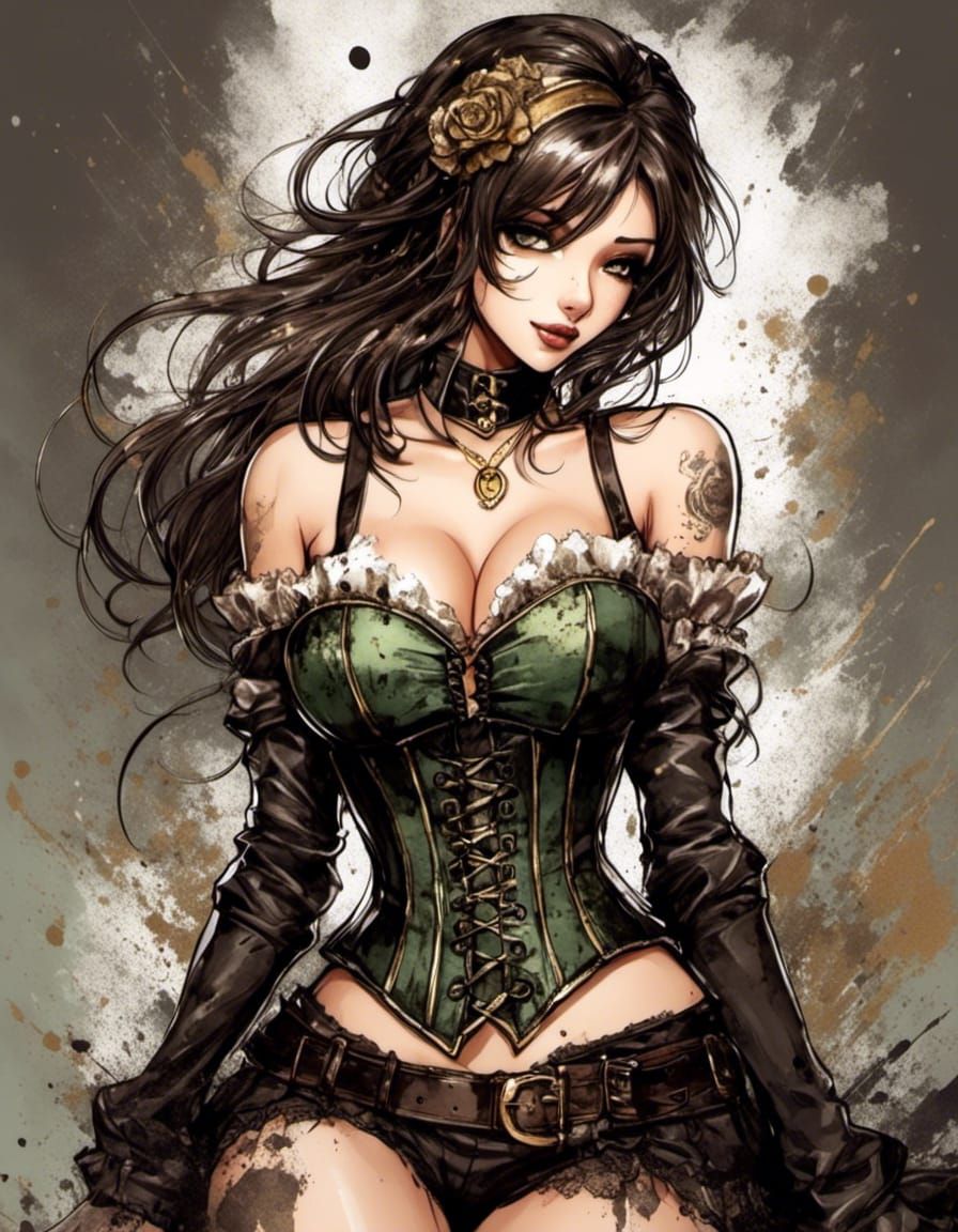 Anime Brunette in Green Corset Ink Splatter Art