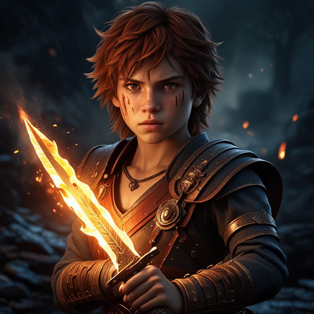 Determined Warrior with Fire Blade in Matte Painting