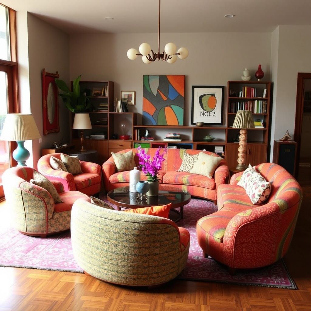 Eclectic Upcycled Living Room Featuring Vibrant Bionomic Des...