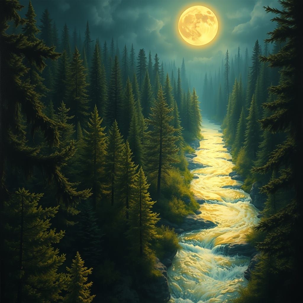 Hyperrealistic Night Forest with Luminous Gold River