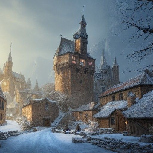 Winter Medieval Village with Castle in Matte Painting Style