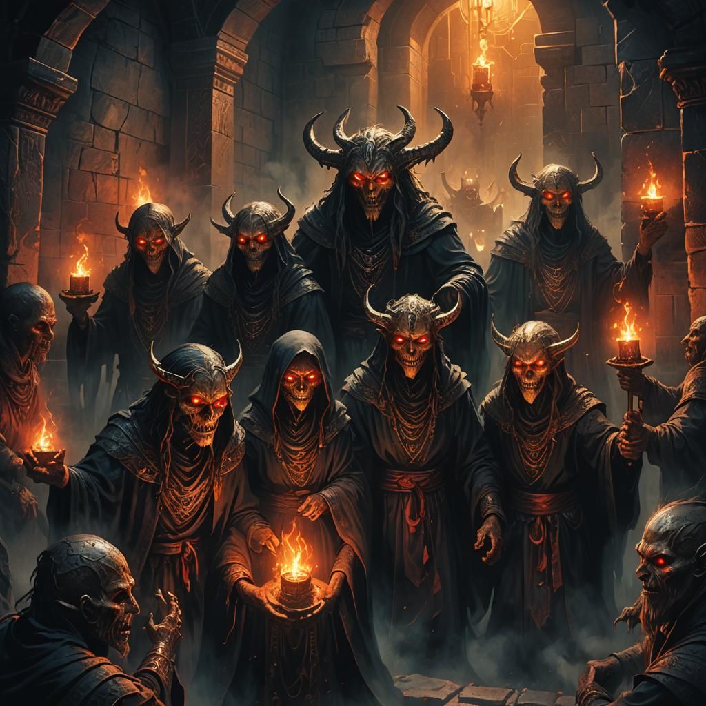 Eerie Ritual Chamber with Possessed Figures