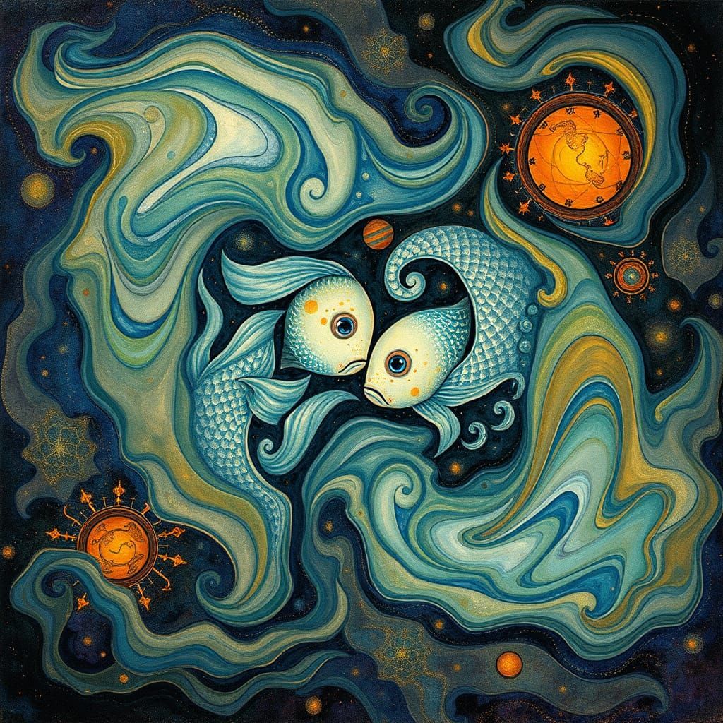 Pisces Zodiac Sign in Swirling Water, Cosmic Horoscope Desig...