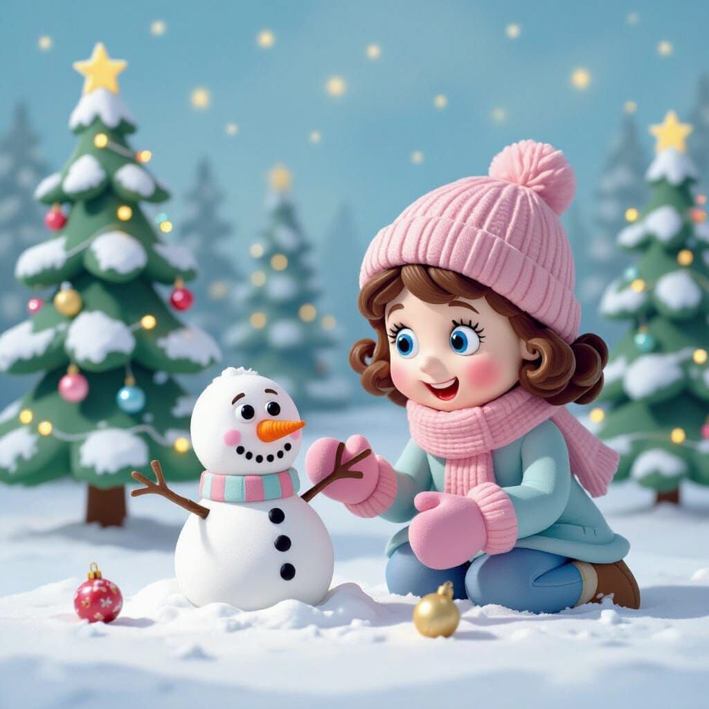Claymation Christmas Scene: Girl Builds Snowman in Pastel La...
