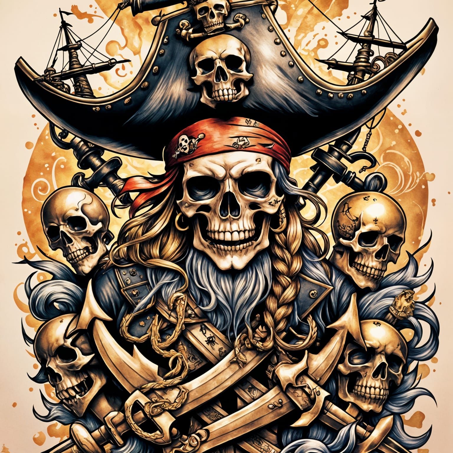 Detailed Pirate Tattoos in Ink Illustration Style