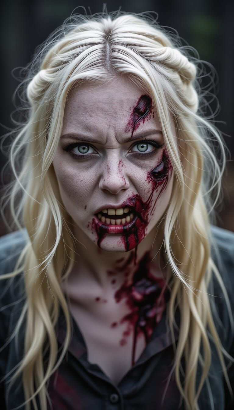 Frightening Zombie Woman in Burned Forest: Photorealistic Po...