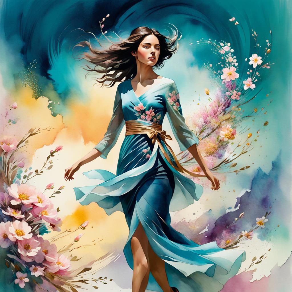 Brunette Surrounded by Pastel Blossoms in Watercolour Style