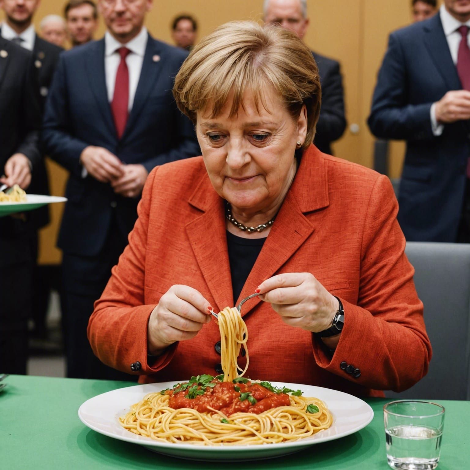 Angela Merkel Enjoying Spaghetti with Tomato Sauce
