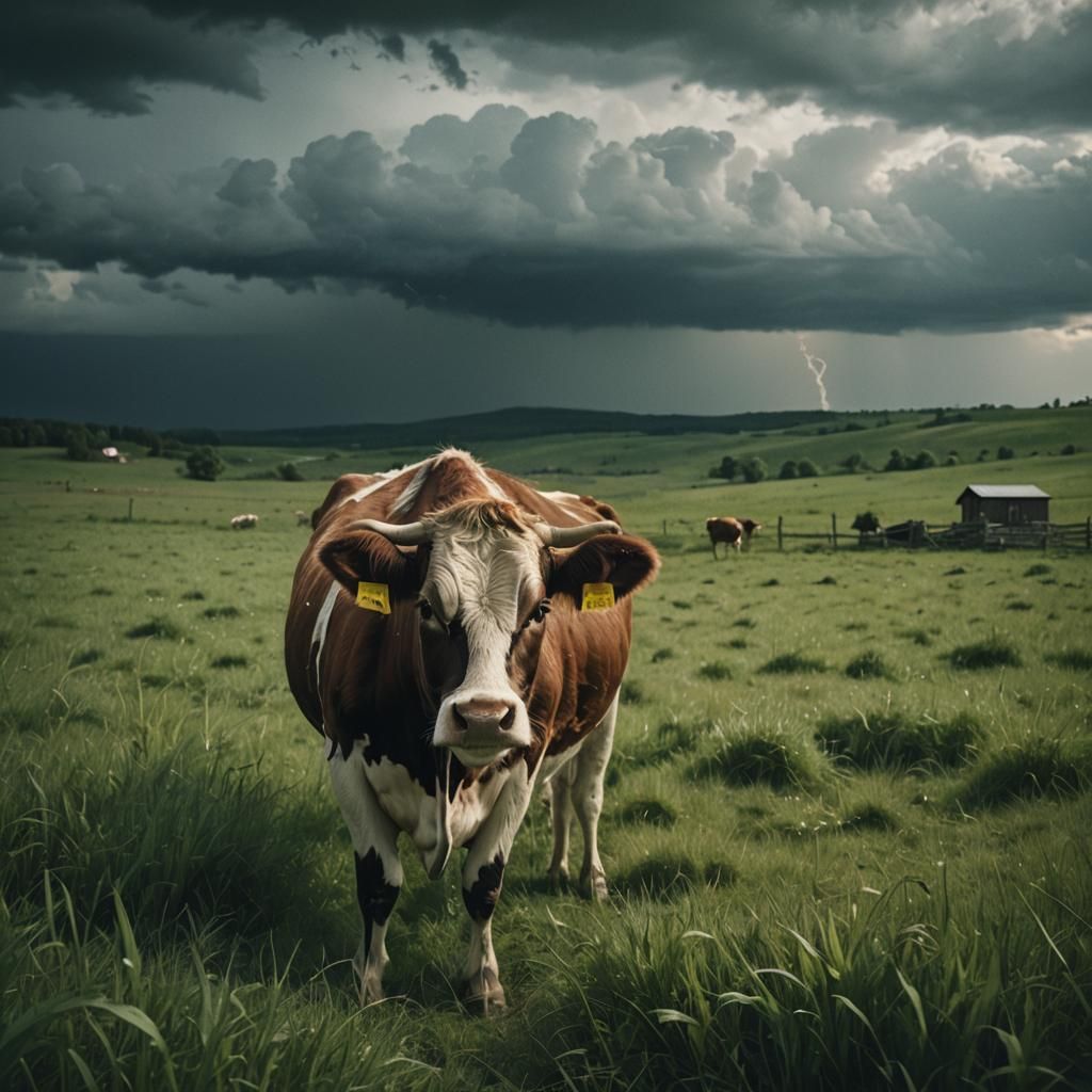 Realistic Cow in Meadow Under Stormy Sky
