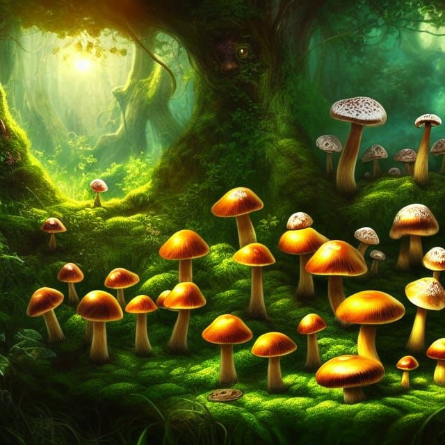 Glowing Mushrooms and Frog in Fantasy Garden