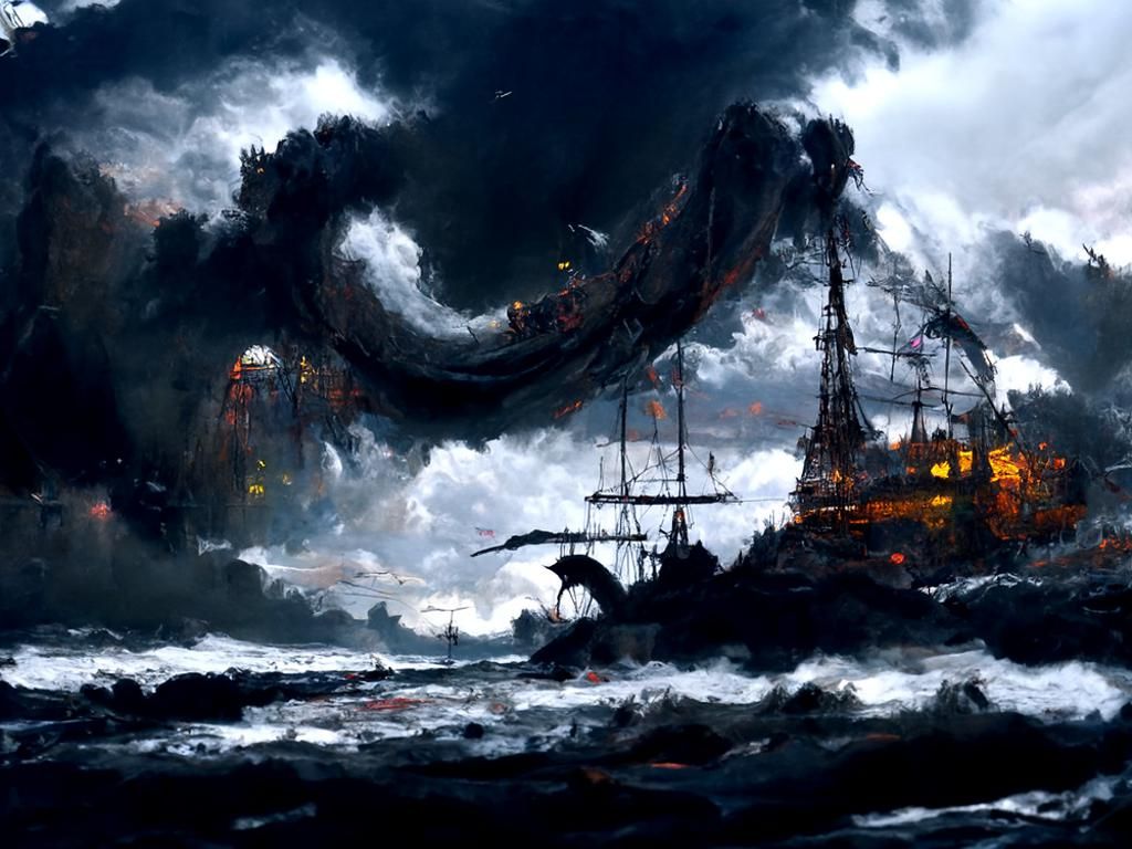 Pirate Ships Battle Sea Monster in Ominous Seas