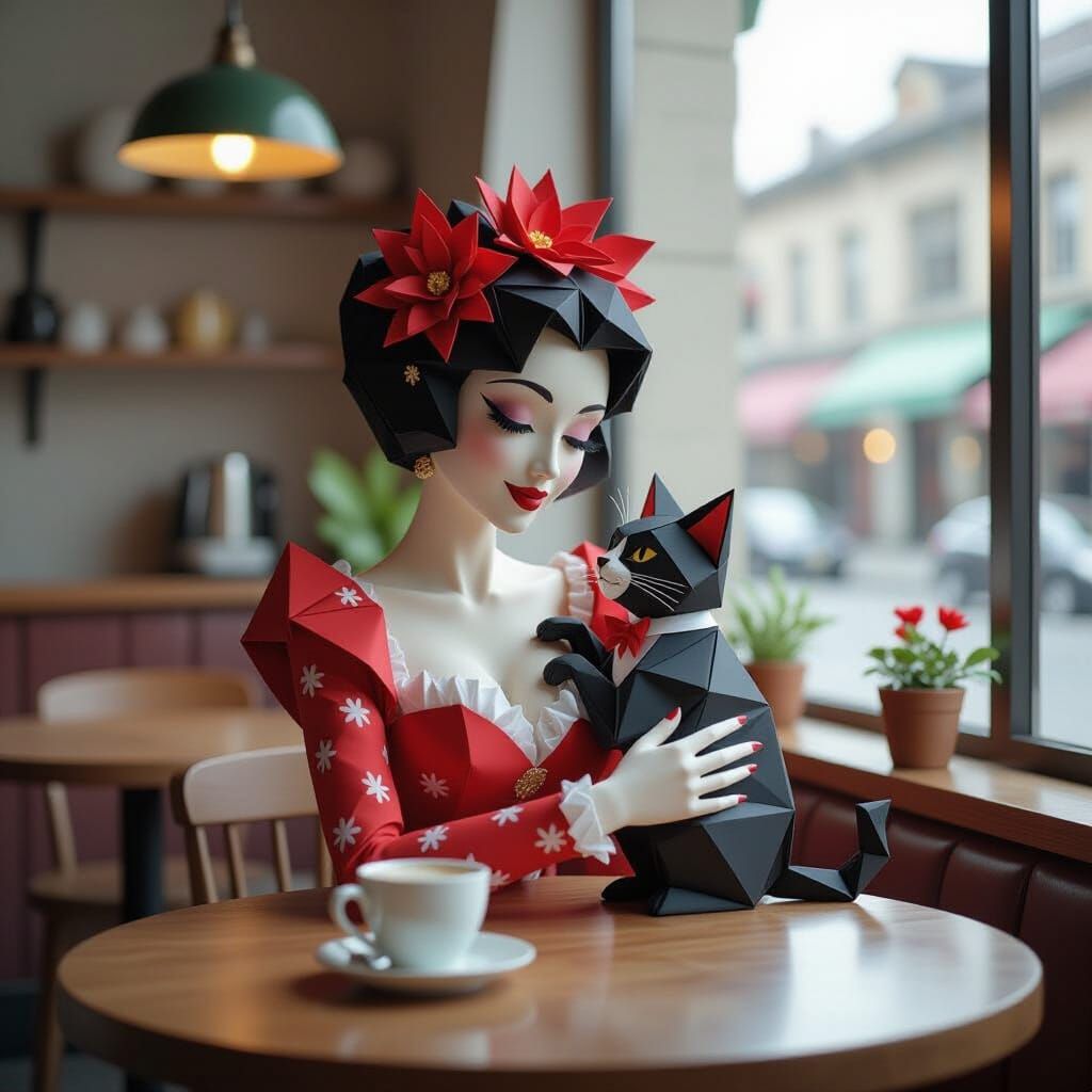 Burlesque Dancer with Eagle Ladybird and Cat in Coffee Bar