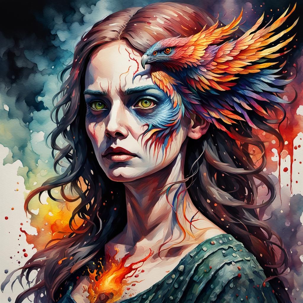 Gothic Watercolor Phoenix: Grotesque Impressionist Masterpie...