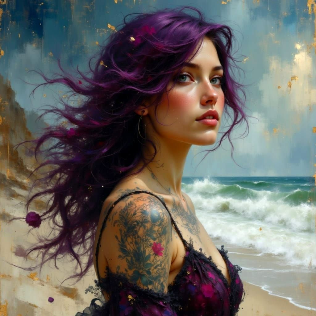 Ethereal Tattooed Goddess with Plum Hair on Beach