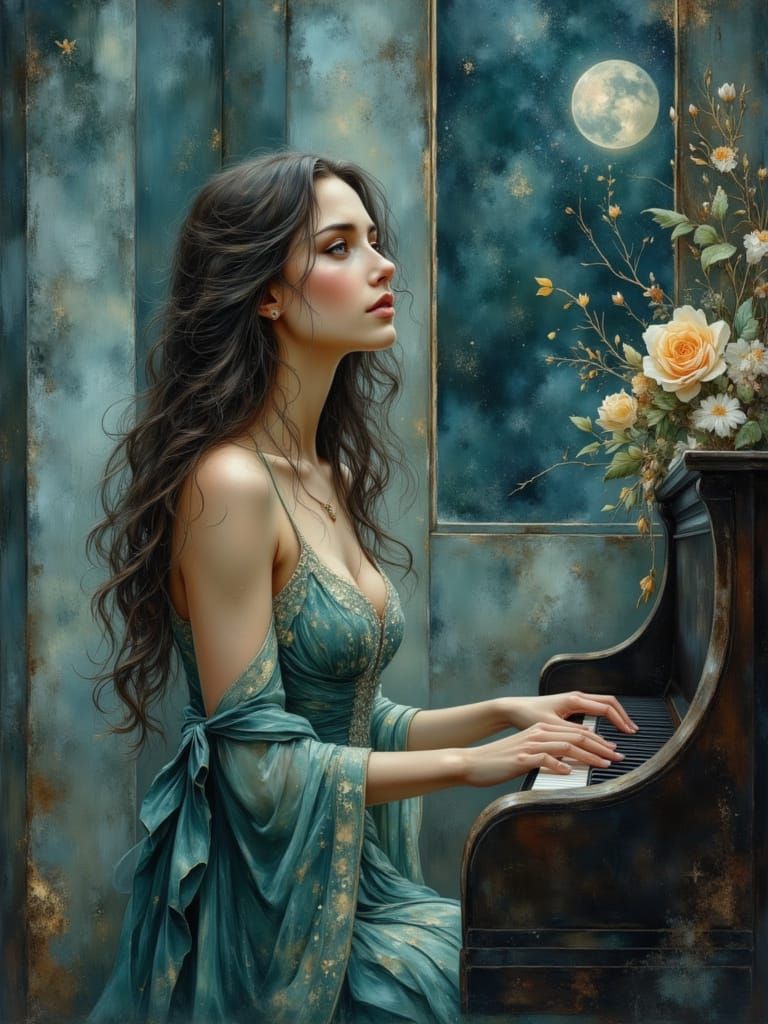 Ethereal Woman Plays Piano Under Moonlight