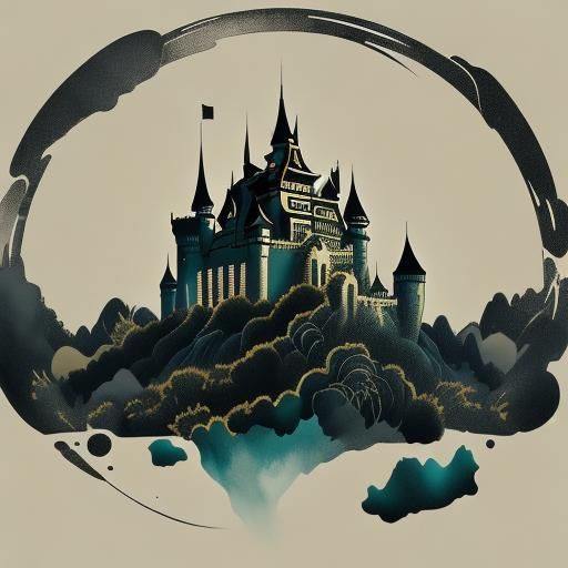 Minimalist Fantasy Castle in Linocut Style