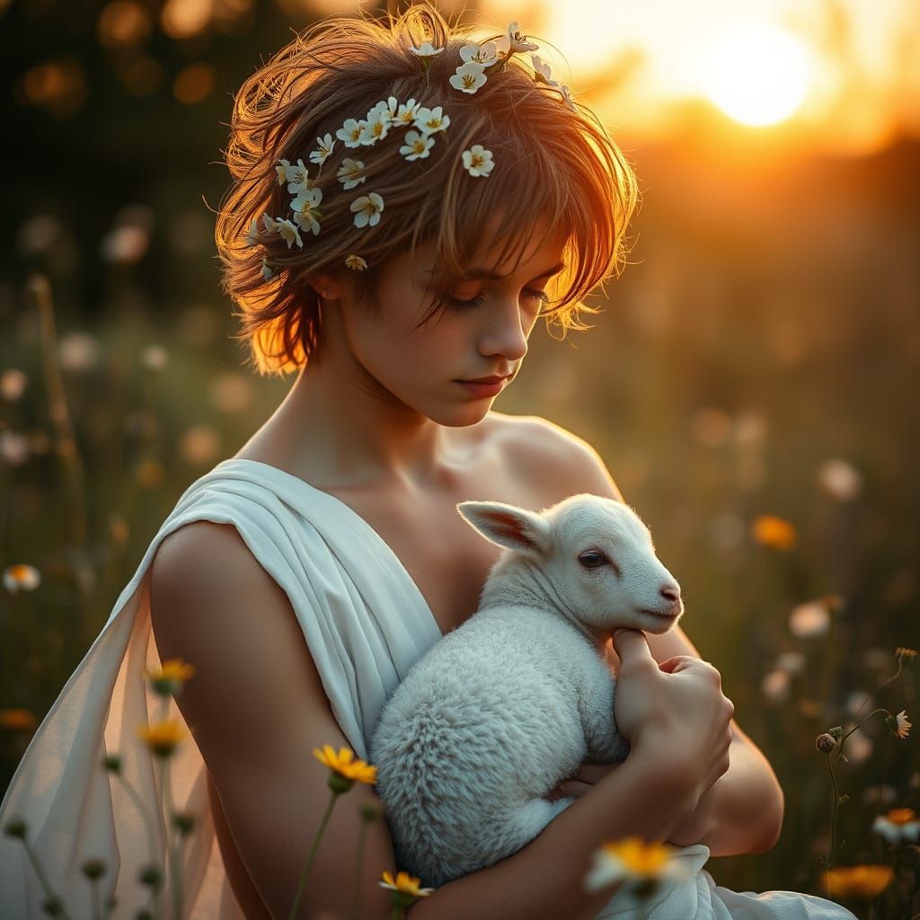 Youth with Lamb in Wildflower Meadow at Dawn