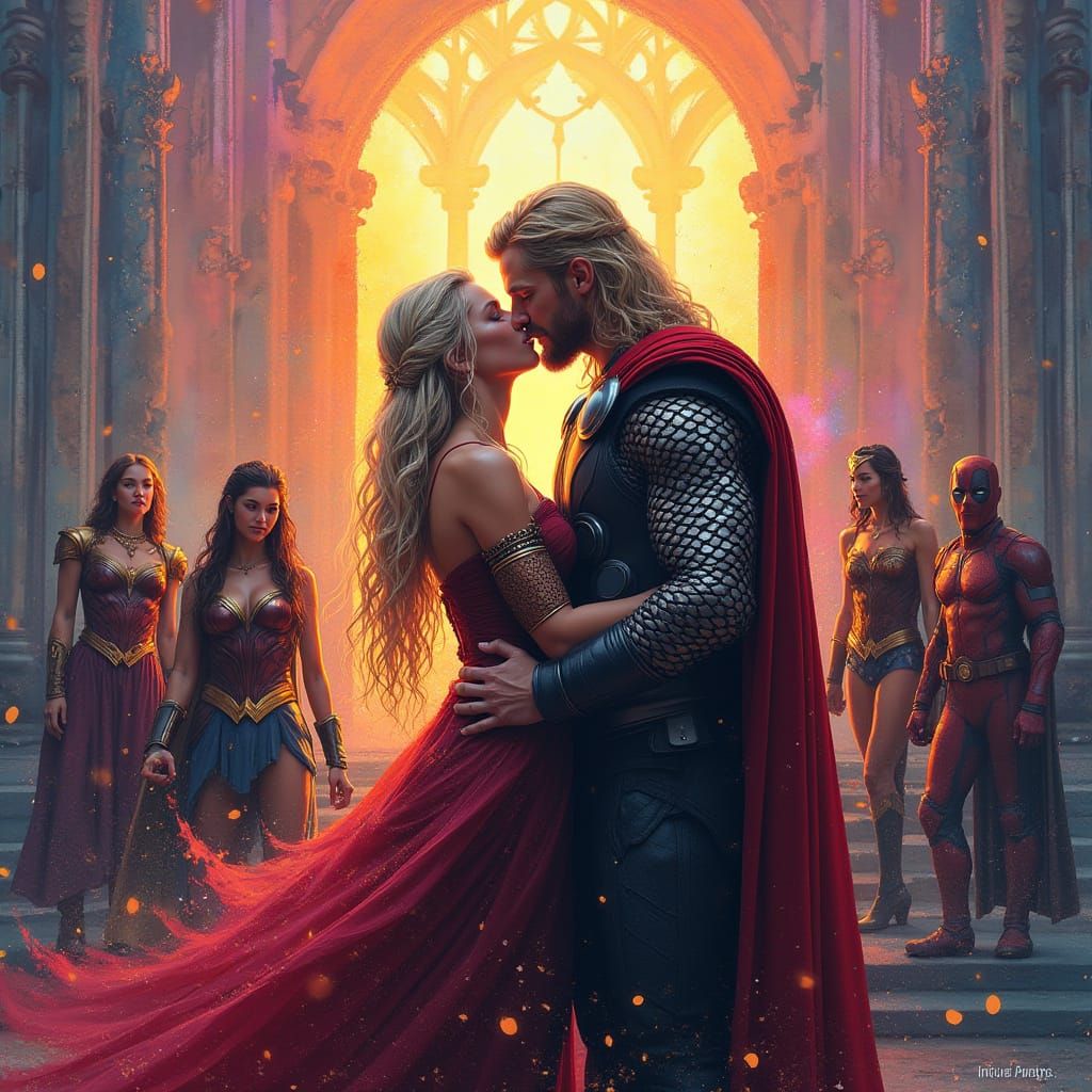 Fantasy Heroes in Lovers Embrace Before Heavenly Cathedral