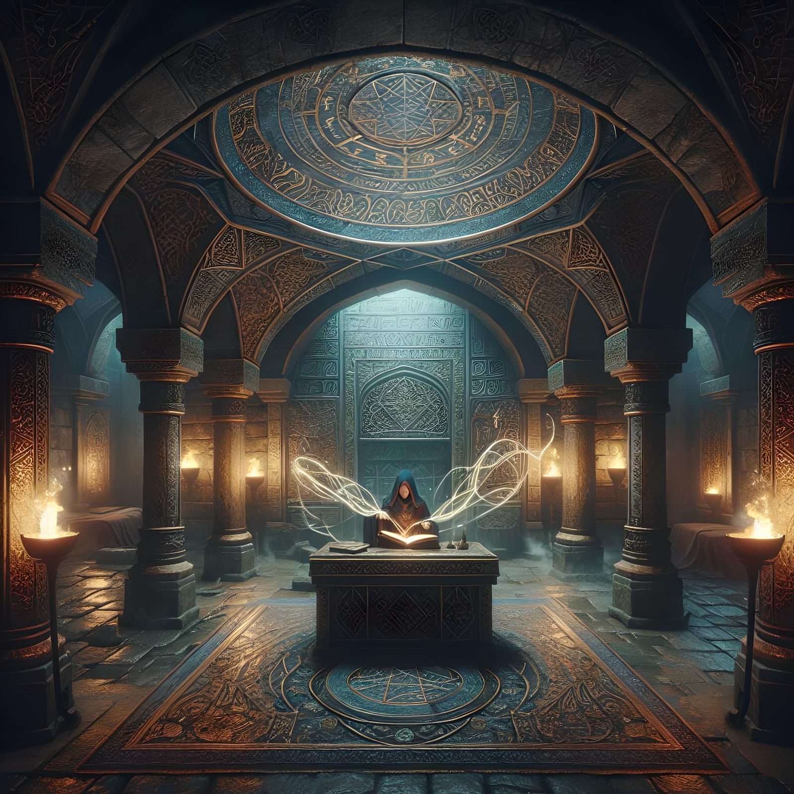 Mystical Necromancer in Elaborate Dungeon Scene