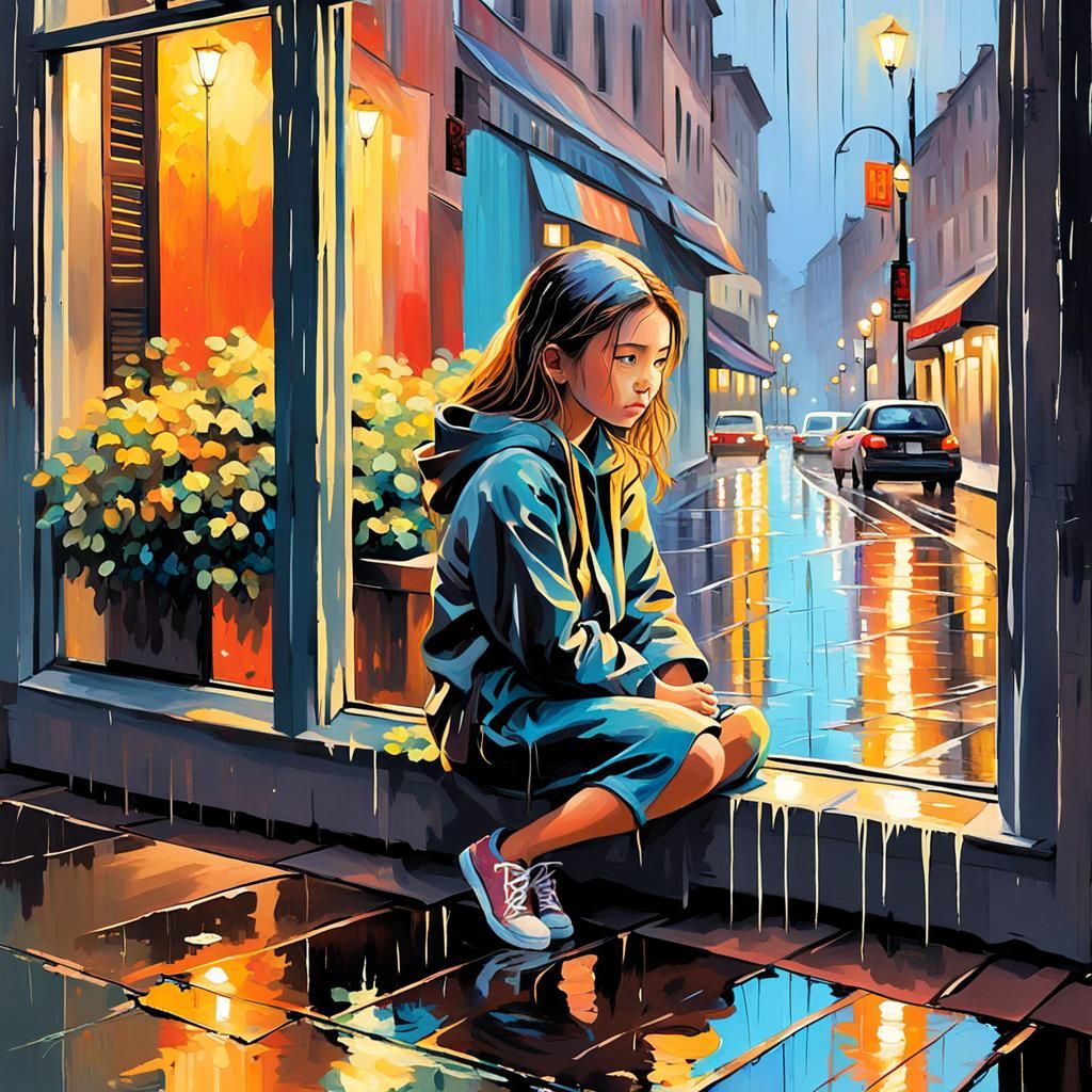 Girl at Window Captivated by Rainy Street Art