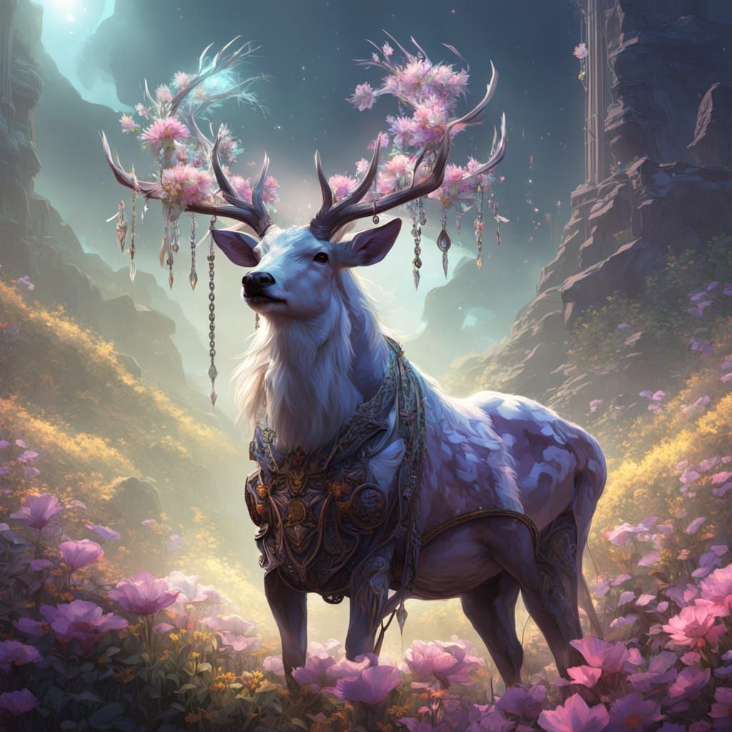 Opalescent Deer God Dances in Lush Field