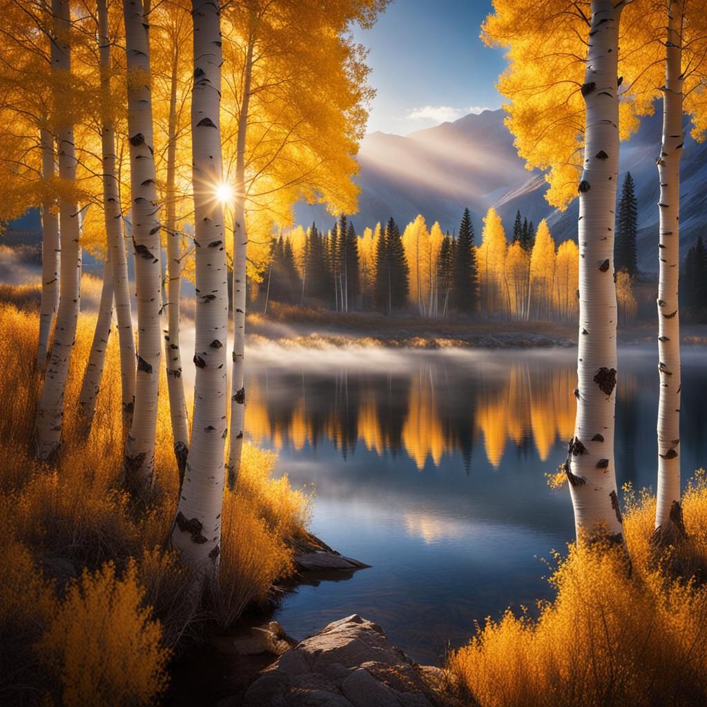 Aspen Sunrise Over Misty Lake: High-Resolution Photography