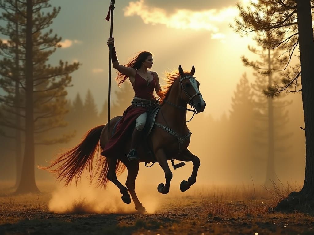 Warrior Queen on Horseback in Ancient Forest