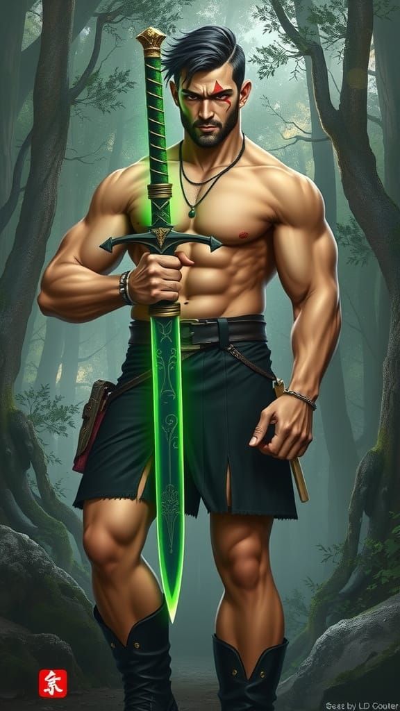 Brawny Warrior Holding Glowing Green Sword in Fantasy Forest