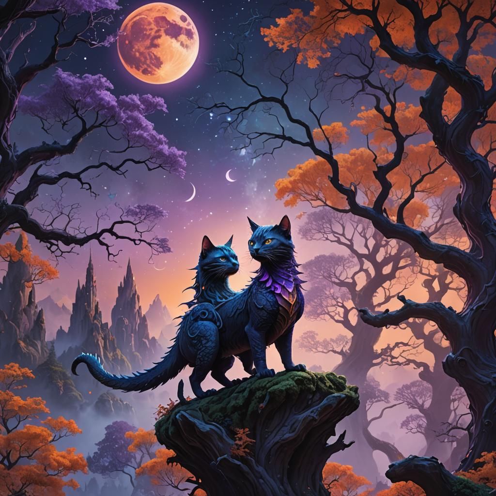 Mystical Cat Dragon Landscape with Purple Moon